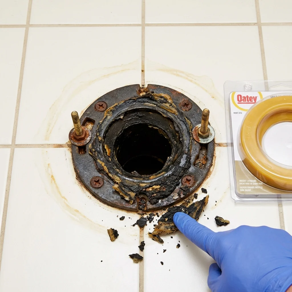 Failed wax ring showing water seepage at the base of a toilet in a Eufaula, OK home