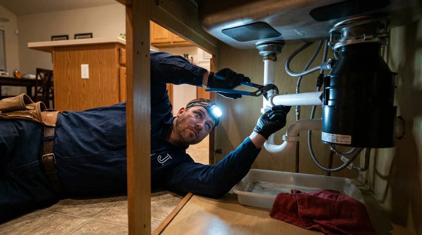 P-trap and supply line connections under a kitchen sink showing a common leak point in Eufaula, OK